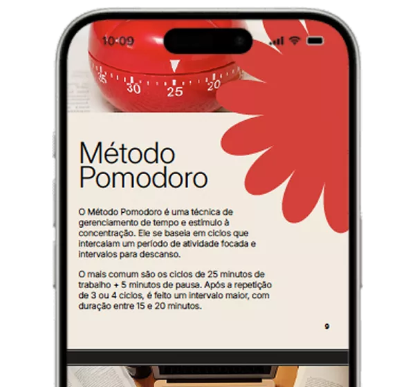 Celular com explicação sobre o Método Pomodoro
